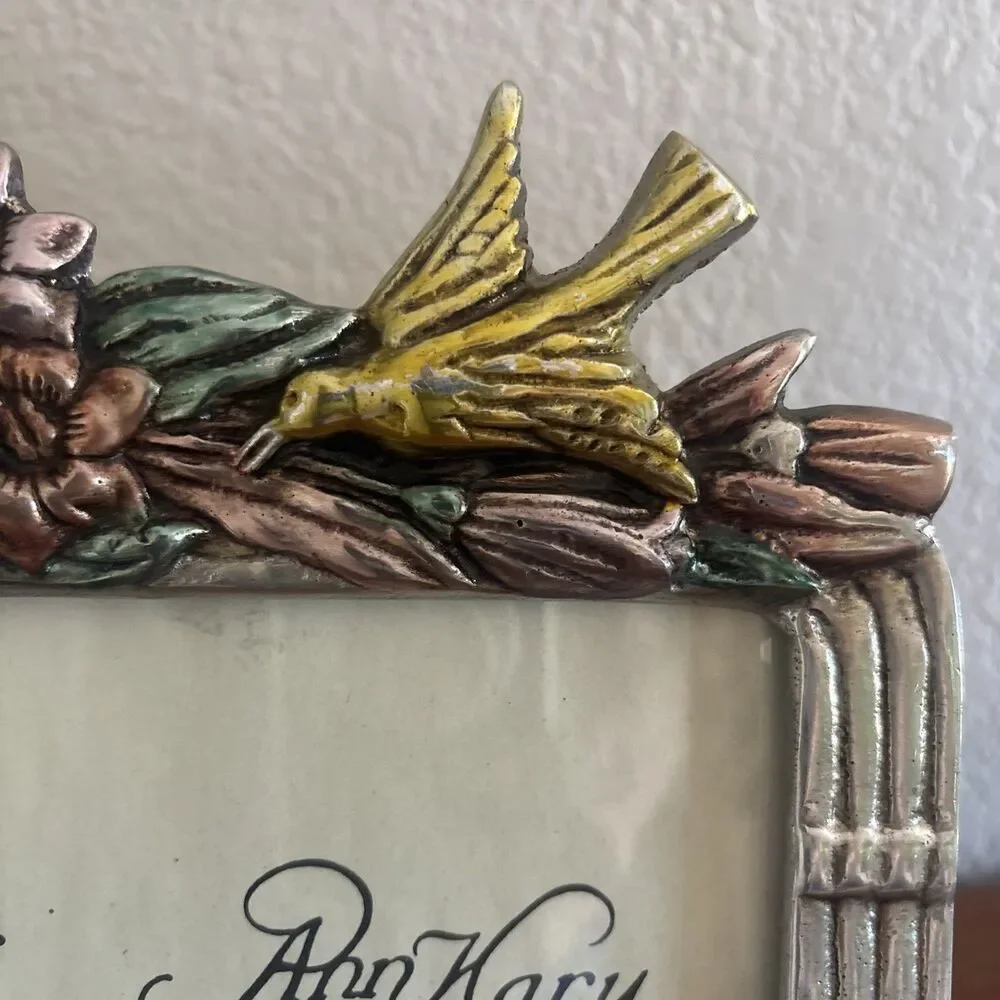 Ann Kary Mexico Pewter Picture Frame Art Nouveau Bird, Foliage, Colorful! 12.5